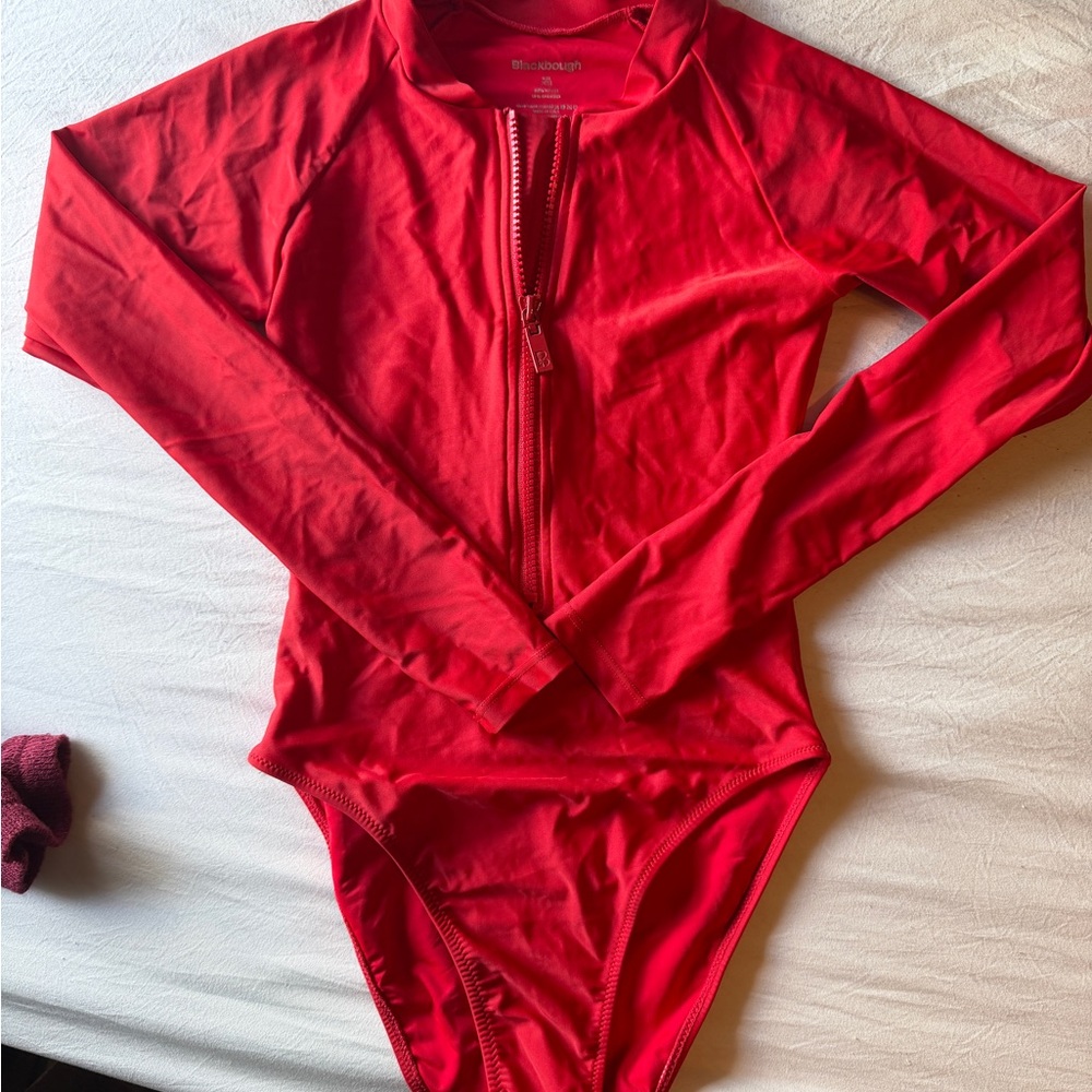 Blackbough Red Long-Sleeve Kids One-Piece Swimsuit with Front Zip